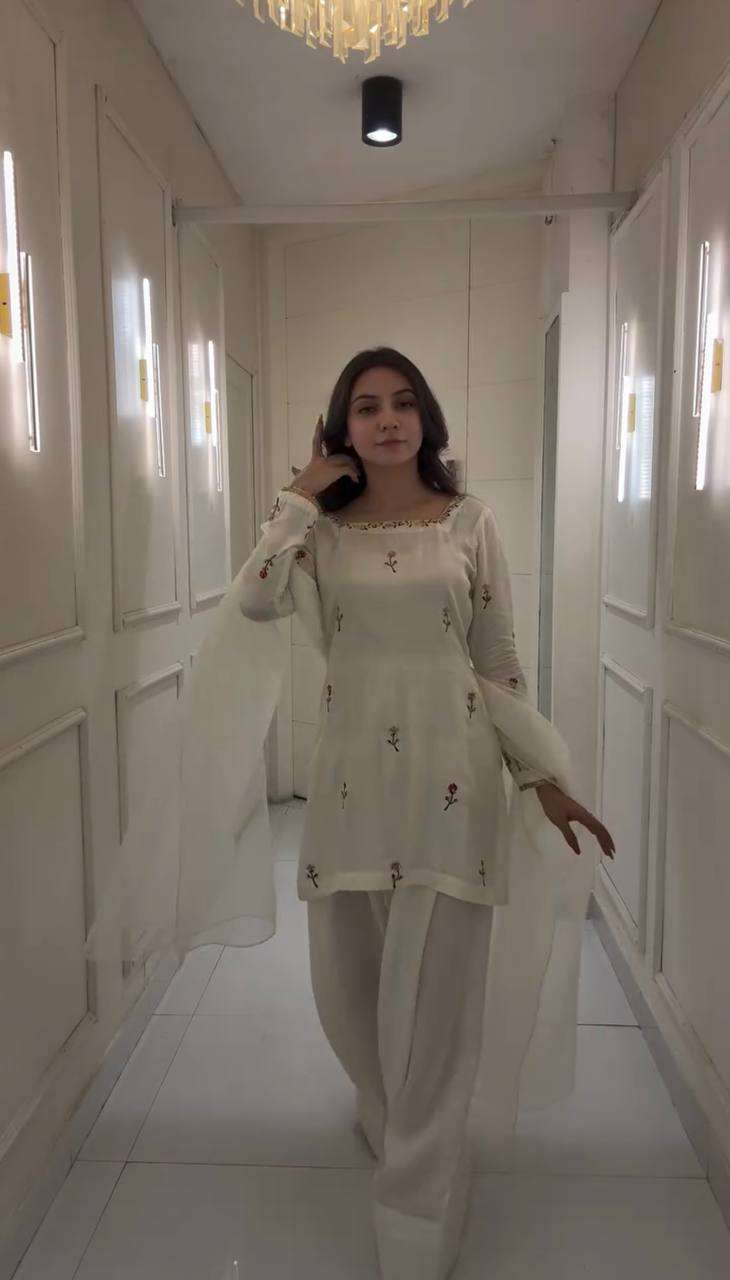 Women's Raw Silk Floral Printed Straight Kurti With Salwar and Dupatta Set
